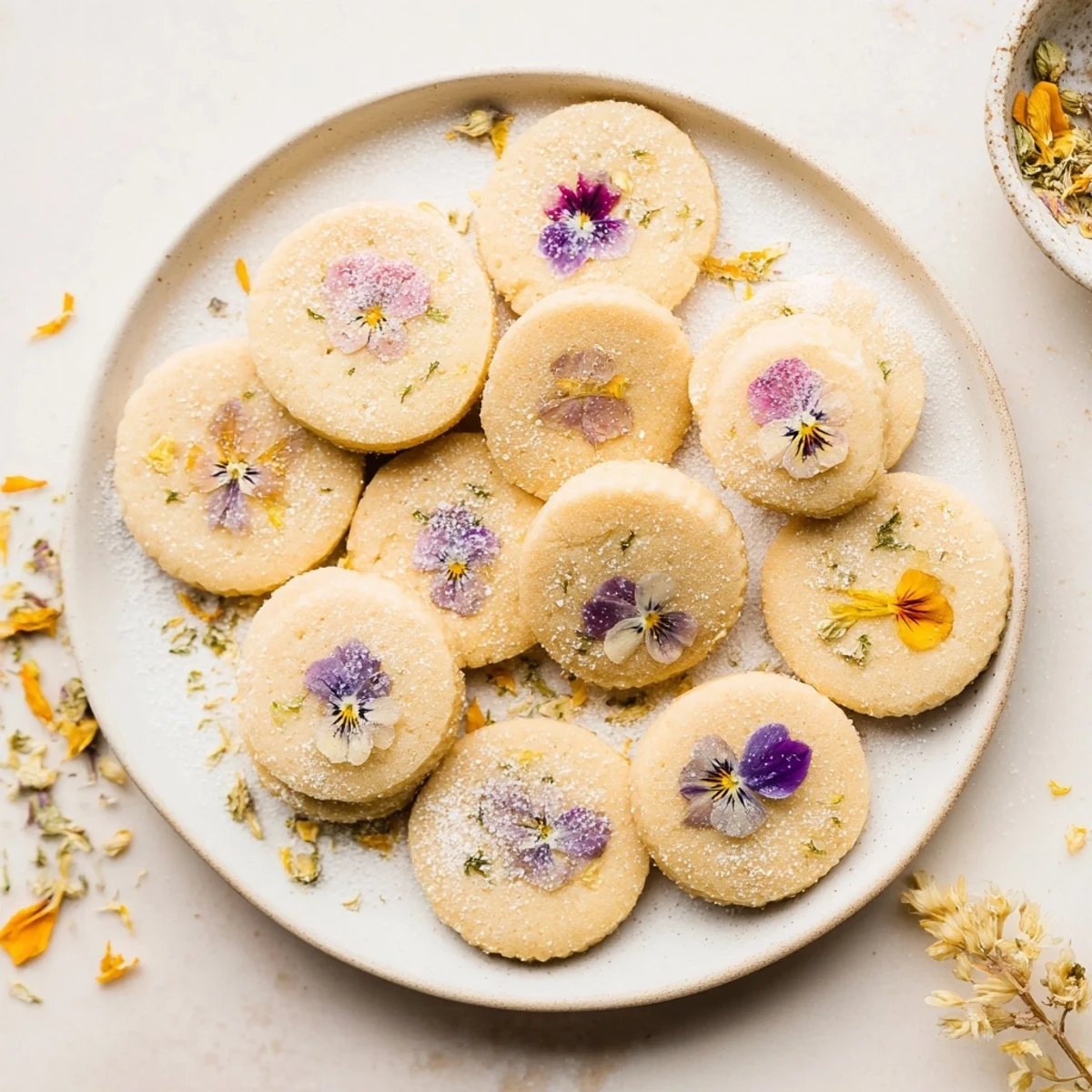 Delicate buttery spring flower shortbread cookies decorated with pressed rose petals and sugar