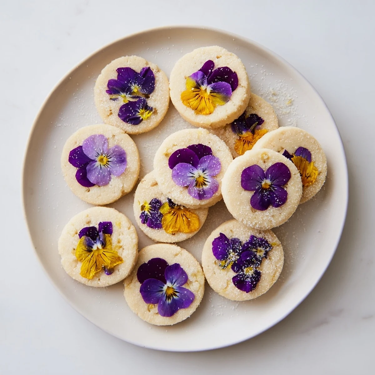 Baked shortbread cookies adorned with fresh spring flowers on a white serving plate