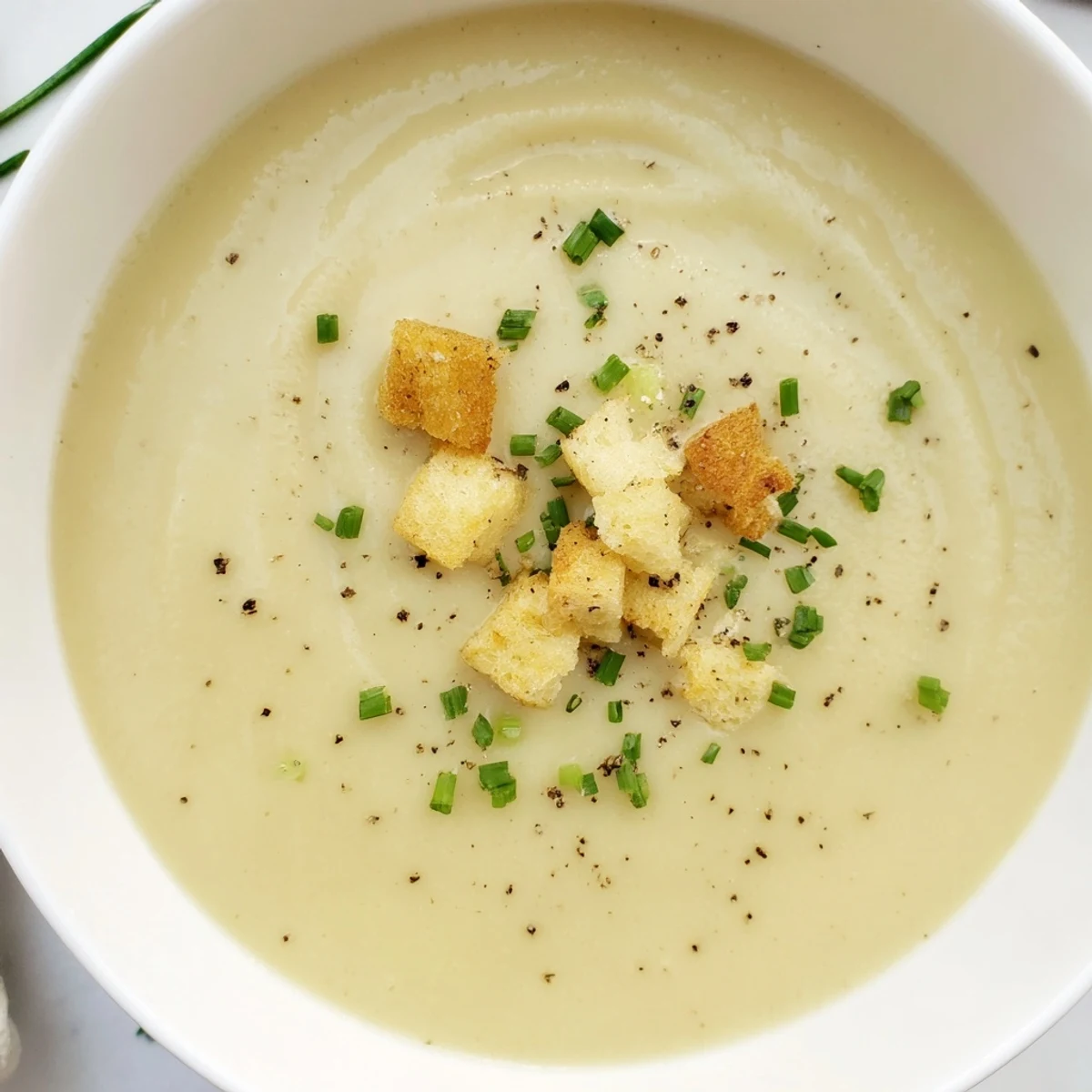 Velvety smooth creamy potato leek soup steaming in rustic bowl alongside crusty bread slice