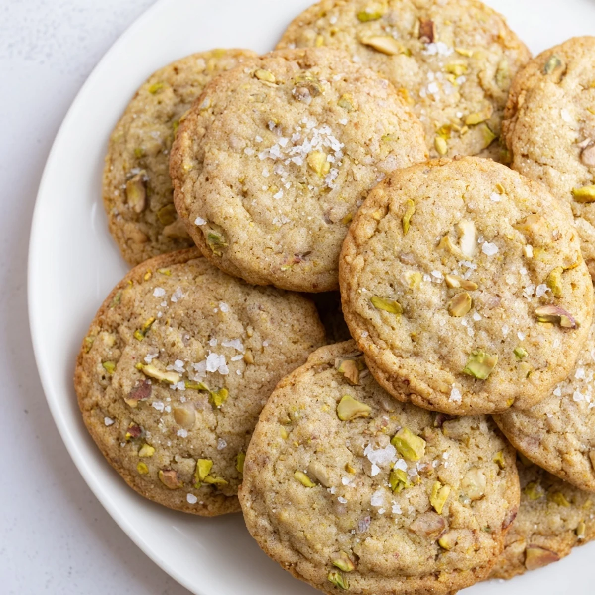 Golden brown salted pistachio cookies topped with flaky sea salt on a white plate