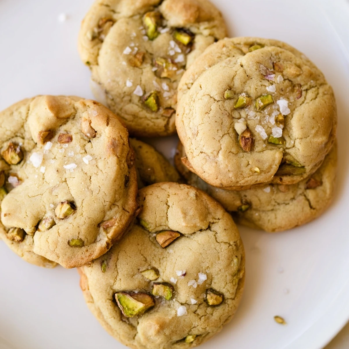 Homemade salted pistachio cookies sprinkled with coarse sea salt on a wooden cutting board
