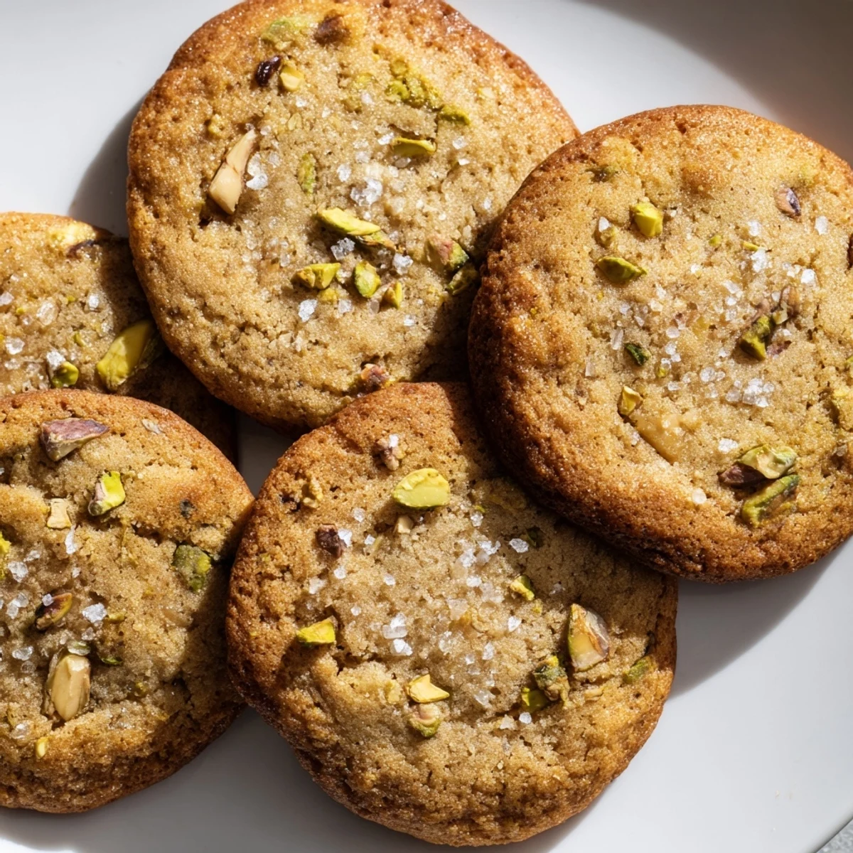 Buttery salted pistachio cookies with green nut pieces and golden edges cooling on wire rack