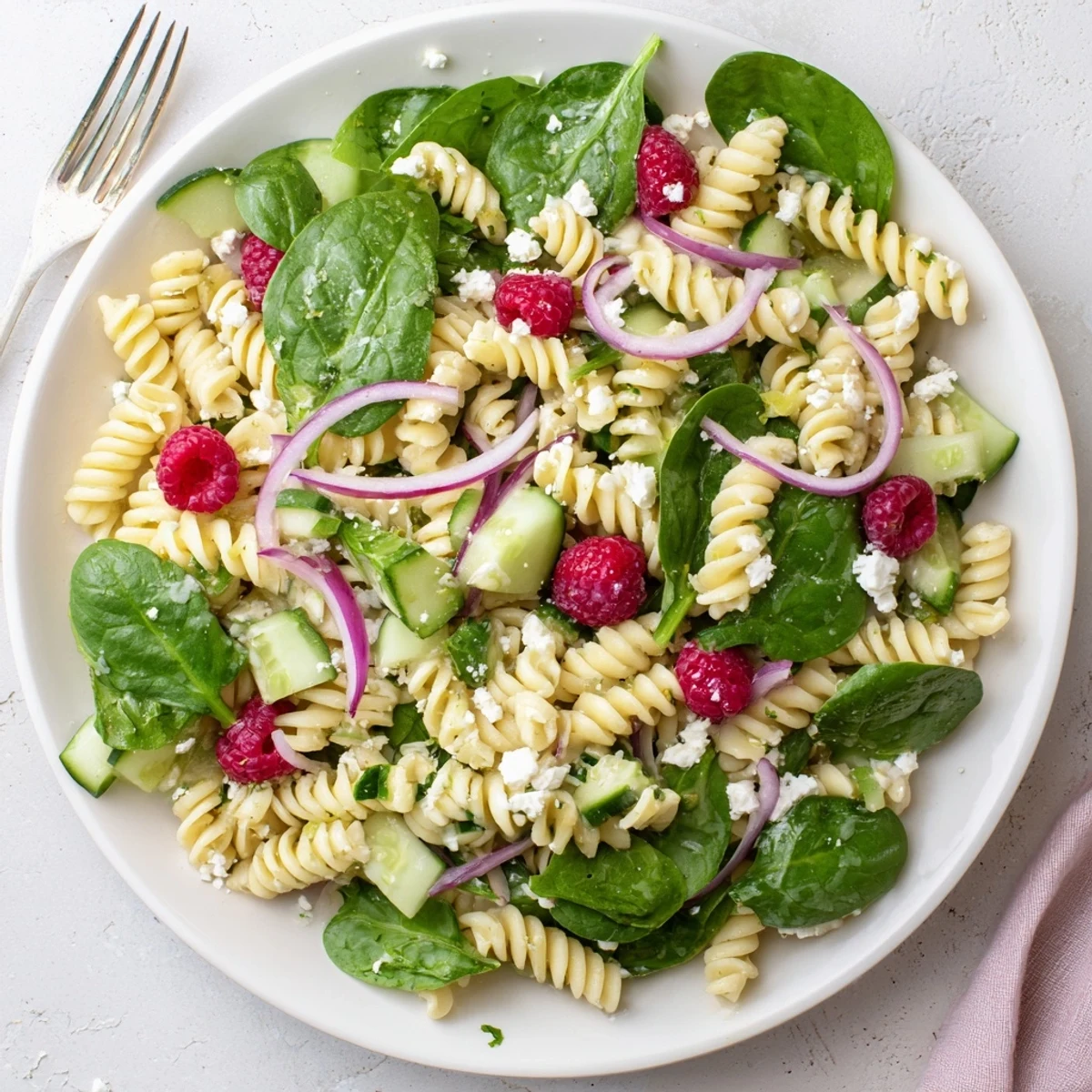 Colorful raspberry spinach feta pasta salad tossed with fresh raspberries, crumbled feta, and tender baby spinach in a light vinaigrette