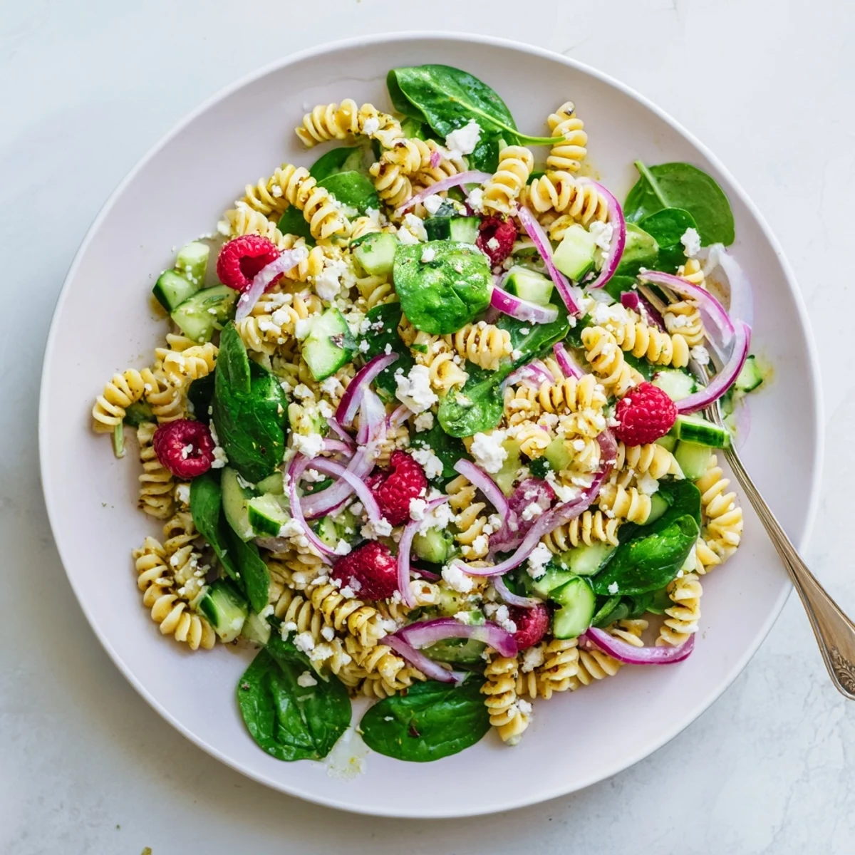 Summer raspberry spinach feta pasta salad featuring bright red raspberries, green spinach, and creamy white feta cheese in a serving bowl