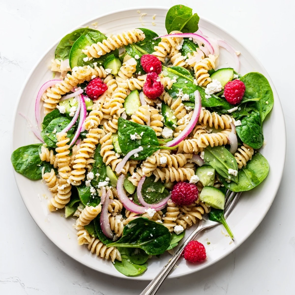 Fresh raspberry spinach feta pasta salad with crisp vegetables, sweet berries, and tangy feta atop a bed of chilled pasta