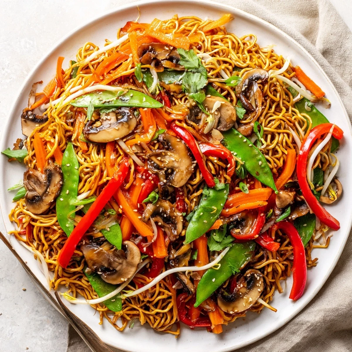 Sizzling plate of crispy noodle chow mein with tender stir-fried peppers carrots and snow peas
