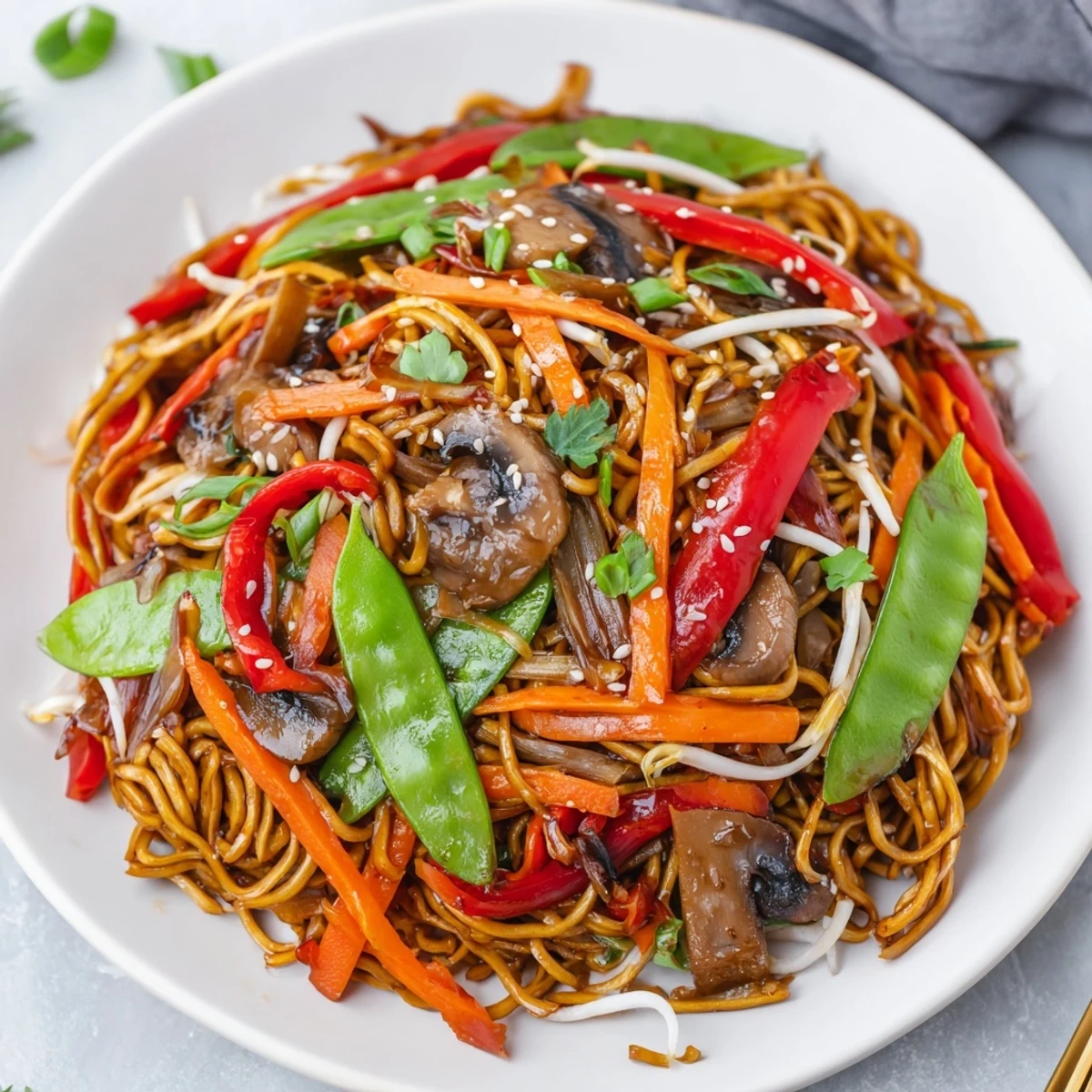 Vibrant vegetable chow mein served over pan-fried crispy noodles with aromatic Asian seasonings