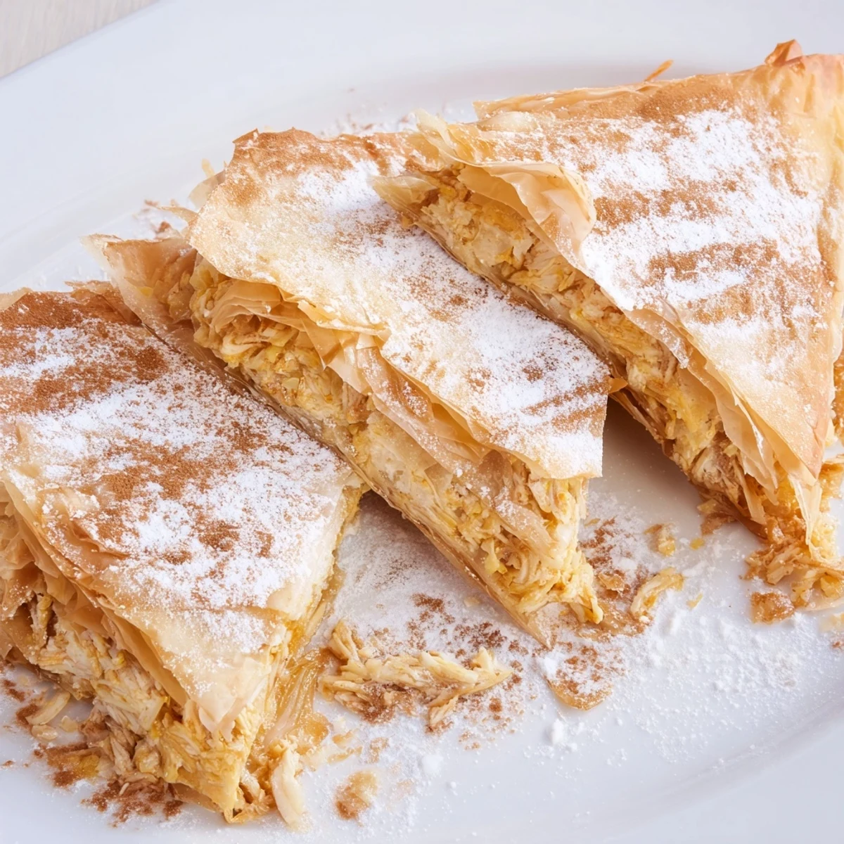 Golden Moroccan Bstilla pie with crisp buttery phyllo dusted in powdered sugar and cinnamon