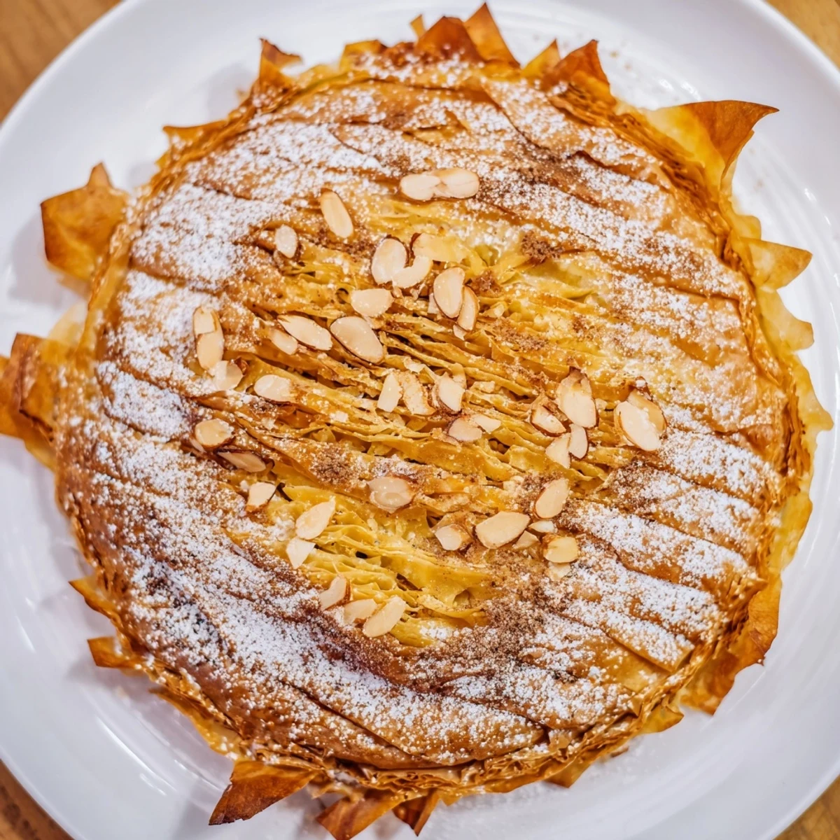 Moroccan Bstilla featuring spiced chicken and almonds wrapped in layers of flaky golden pastry