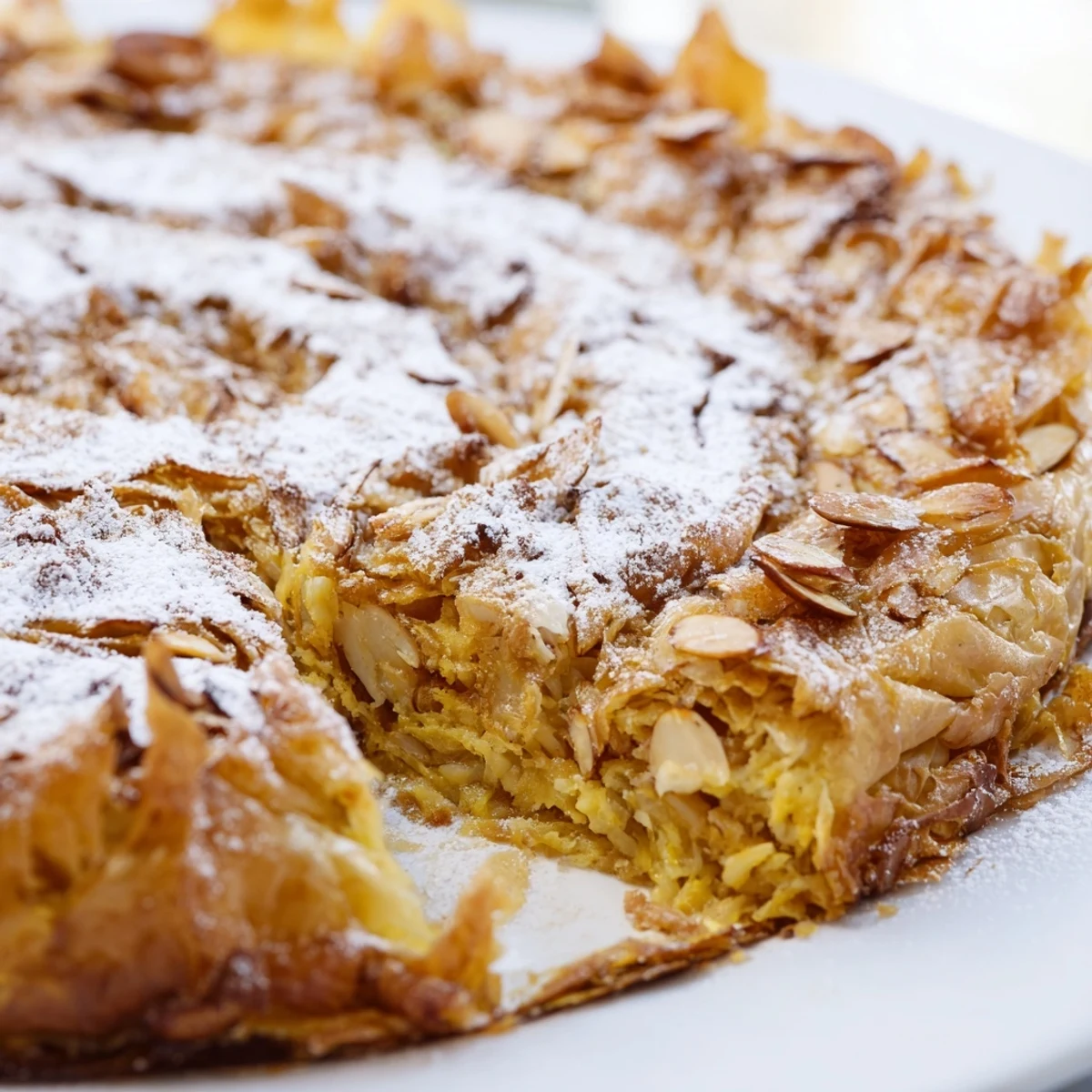 Savory sweet Moroccan Bstilla served warm with decorative cinnamon and powdered sugar topping