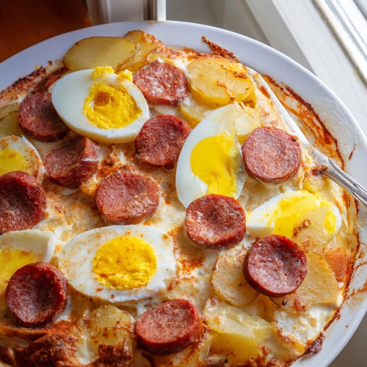 Golden Hungarian Rakott Krumpli casserole with bubbling sour cream topping and sliced sausage