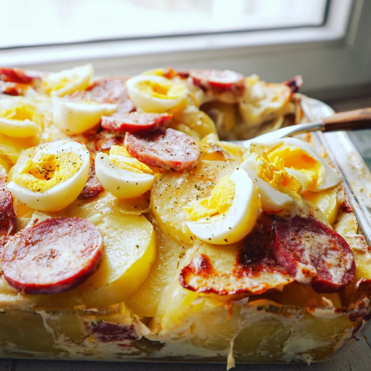 Comforting layered potato casserole baked until golden with eggs and smoky sausage slices