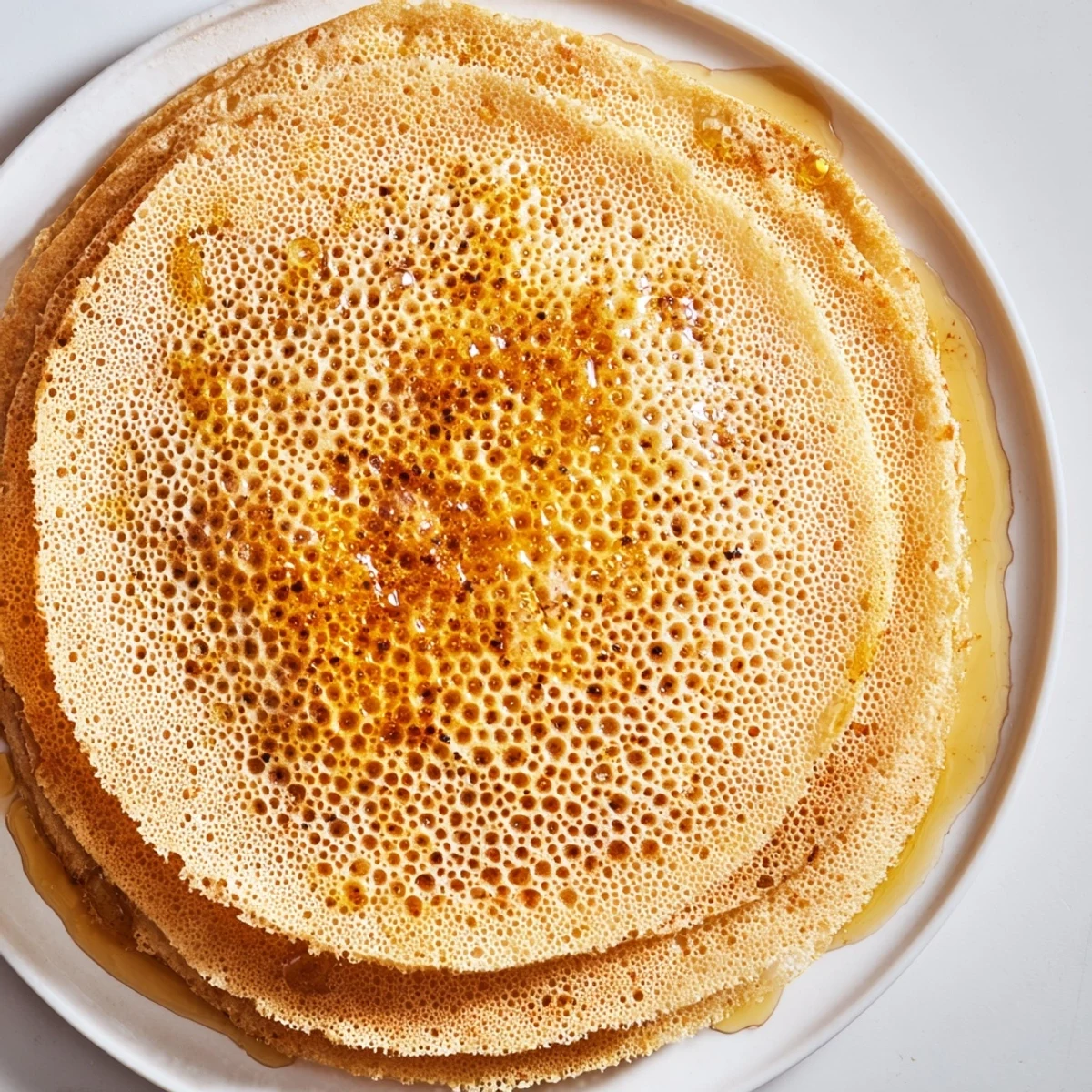 Golden Moroccan baghrir pancakes stacked high with honeycomb bubbles, drizzled with melted butter and honey