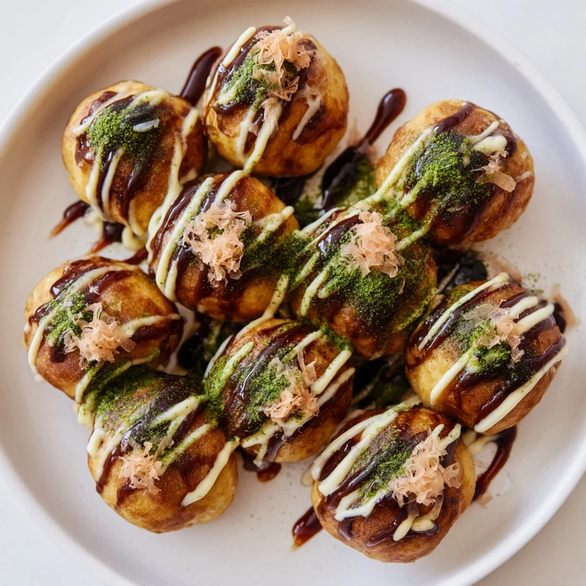 Crispy outside, tender inside Japanese takoyaki filled with octopus pieces and served on a white plate
