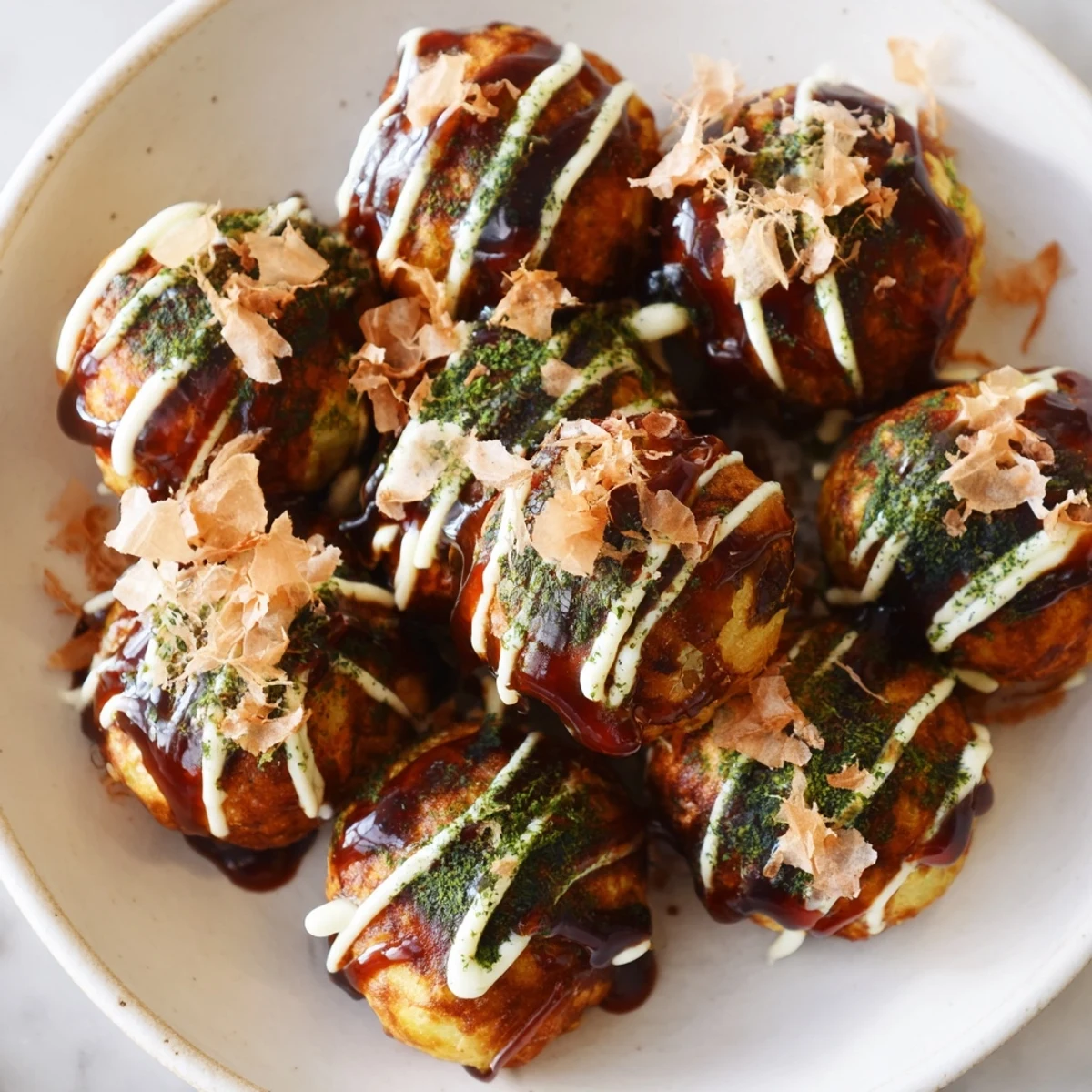 Golden brown Japanese takoyaki balls drizzled with savory sauce and mayonnaise, topped with dancing bonito flakes