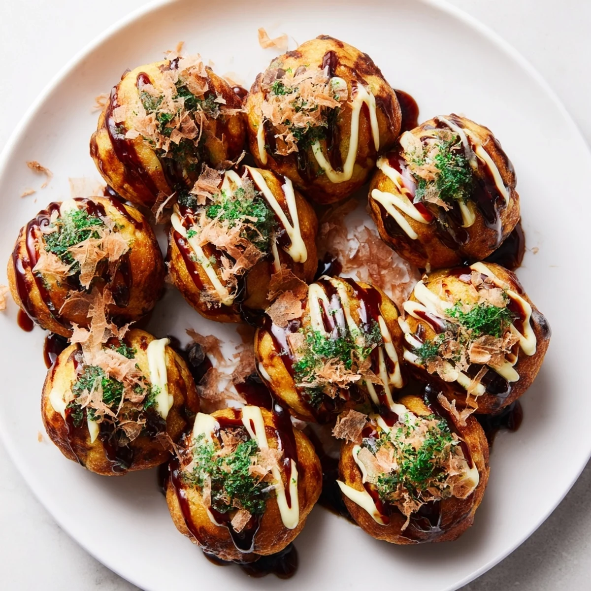 Steaming hot Japanese takoyaki appetizer brushed with tangy sauce and sprinkled with green seaweed flakes