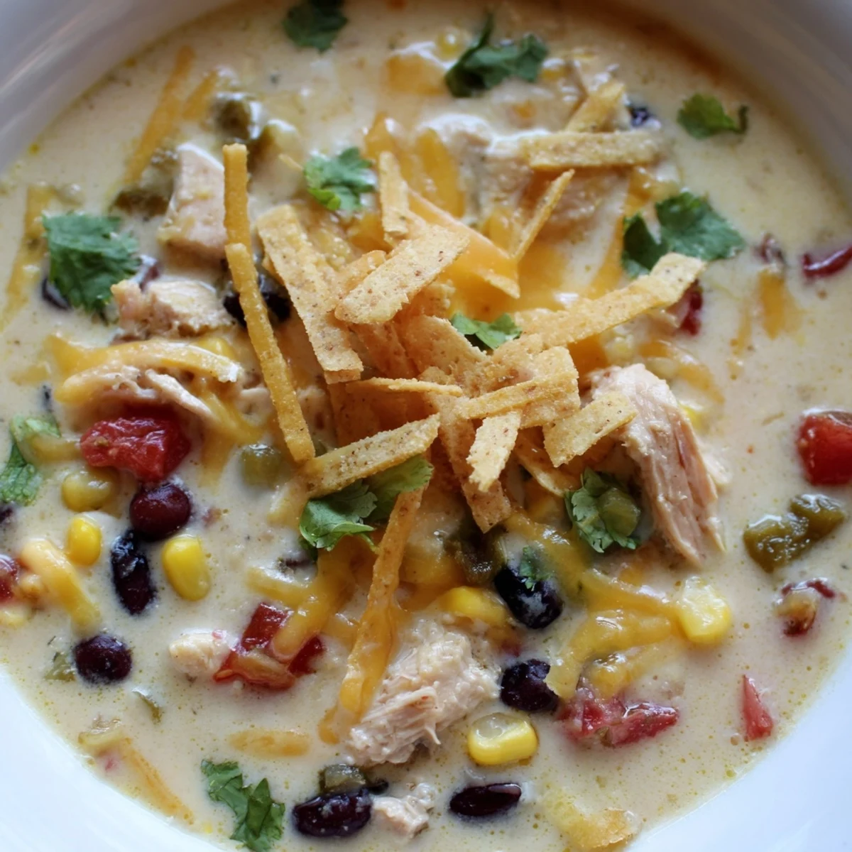 Creamy chicken taco soup topped with crushed tortilla chips, shredded cheddar, and fresh cilantro