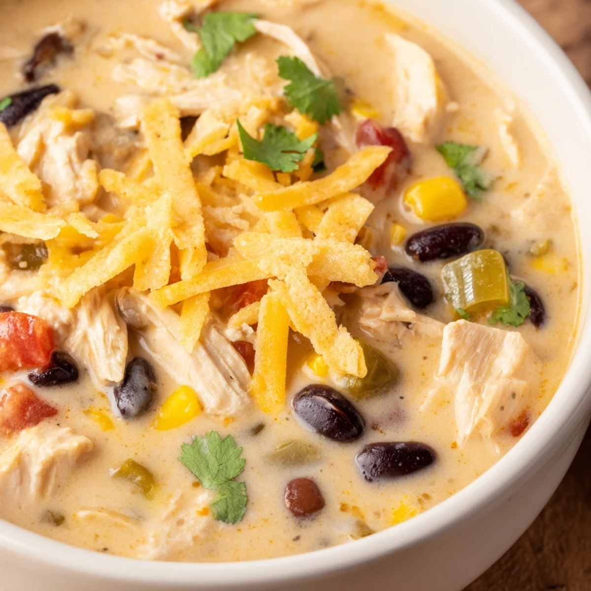 Rustic Dutch oven filled with bubbling chicken taco soup, rich and velvety with cream