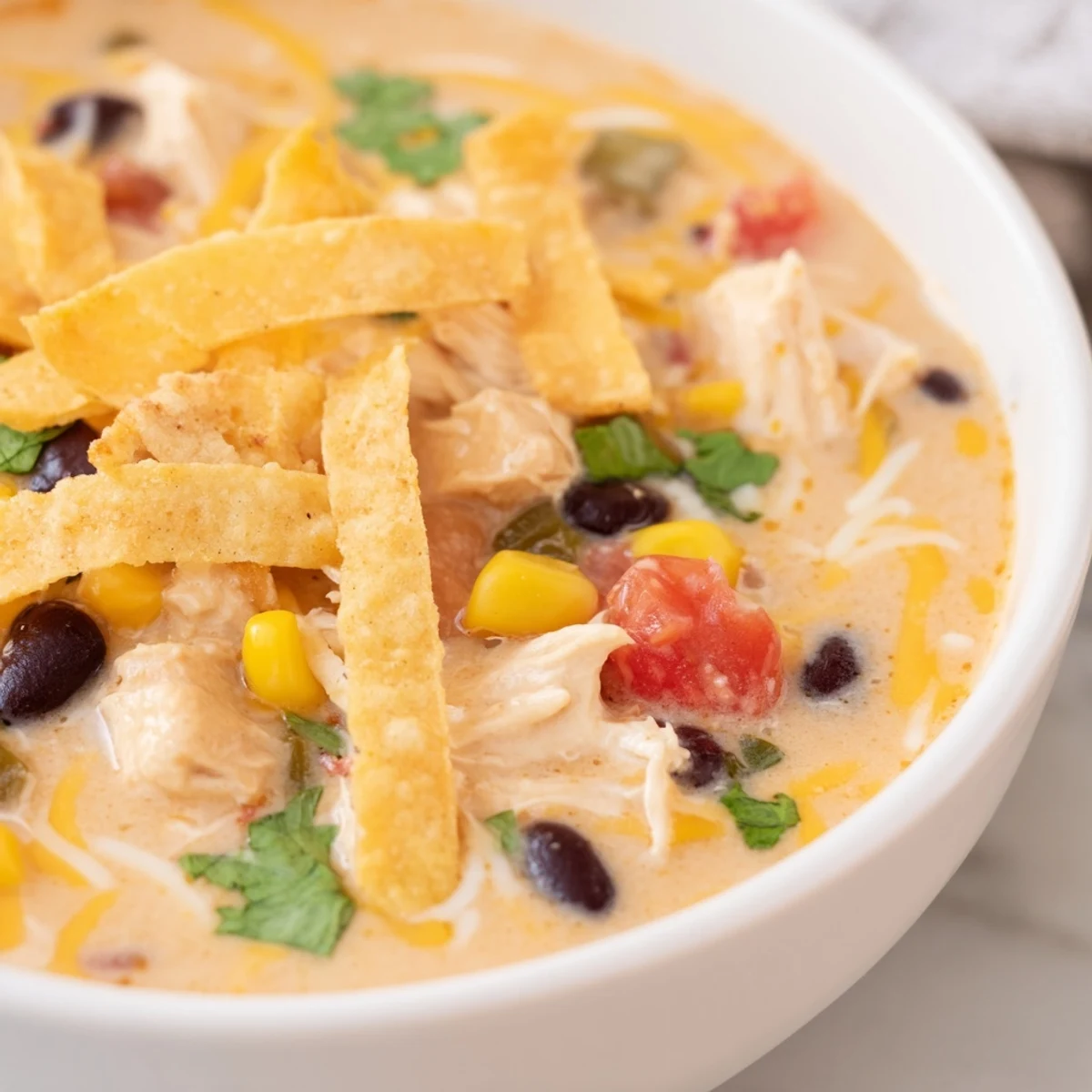 Bowl of easy creamy chicken taco soup steaming with tender chicken, beans, and corn