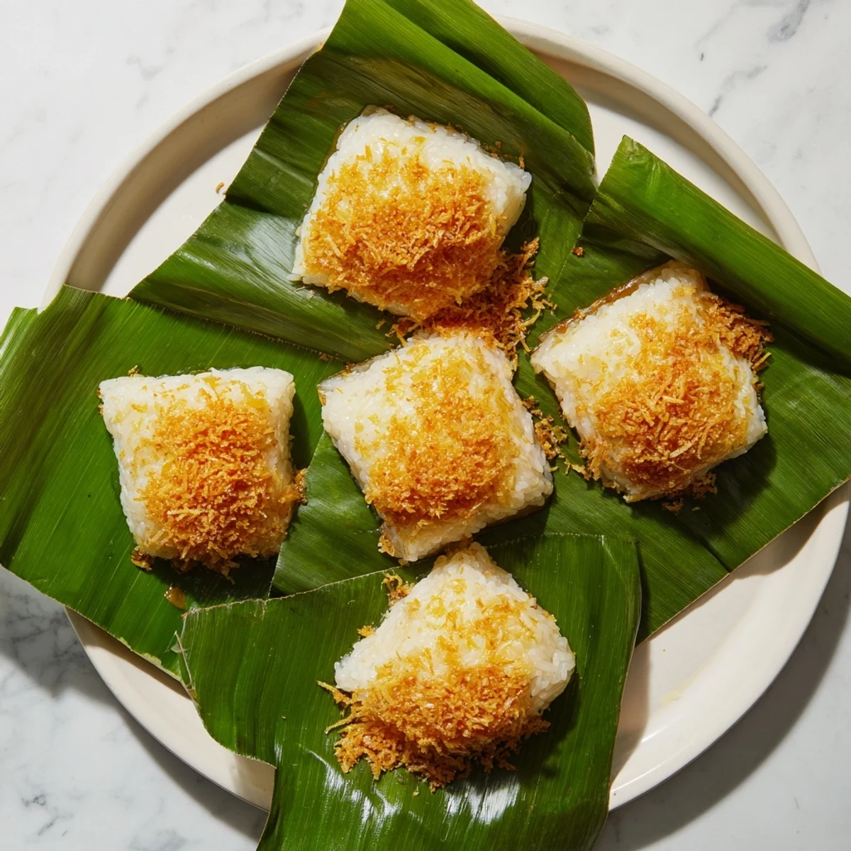Malaysian Pulut Inti featuring sweet coconut topping over steamed glutinous rice wrapped in banana leaves