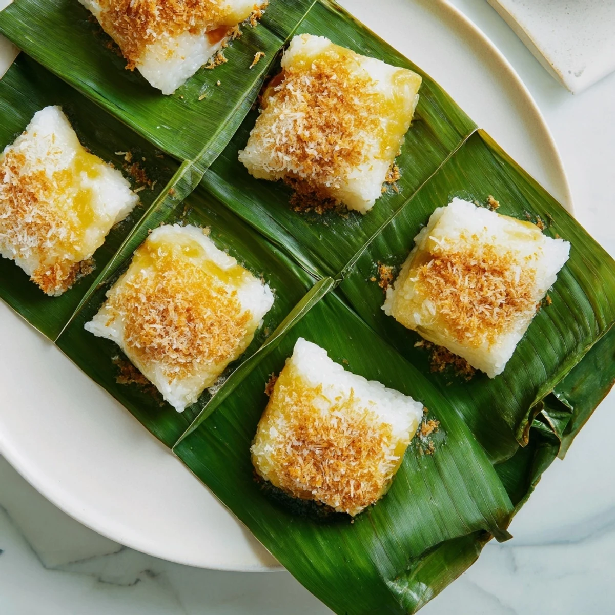 Traditional Malaysian Pulut Inti dessert with fragrant palm sugar coconut layered atop sticky blue rice