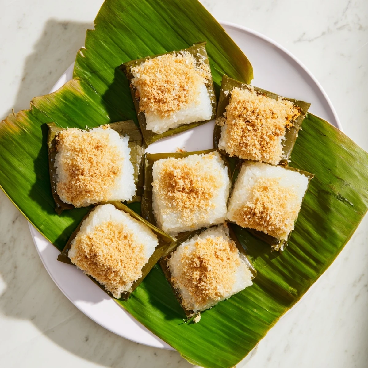 Golden Malaysian Pulut Inti kuih served warm with caramelized coconut filling and tropical banana leaf wrapper