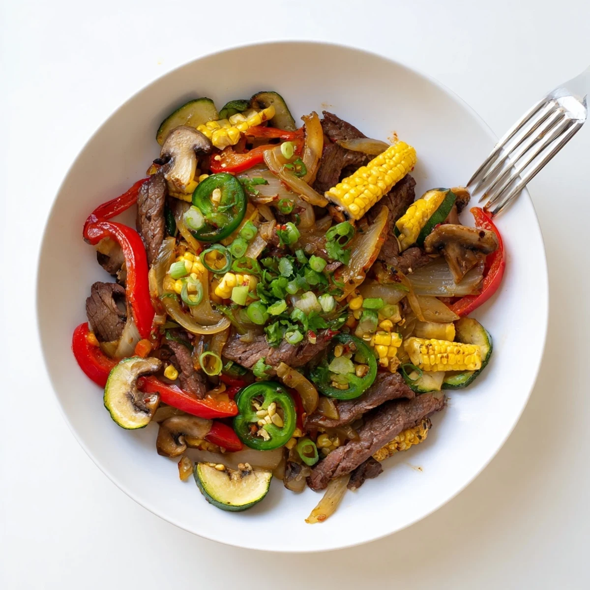 Hearty Blackstone Cowboy Stir Fry featuring sizzling beef, charred vegetables, and smoky caramelized sauce on the griddle