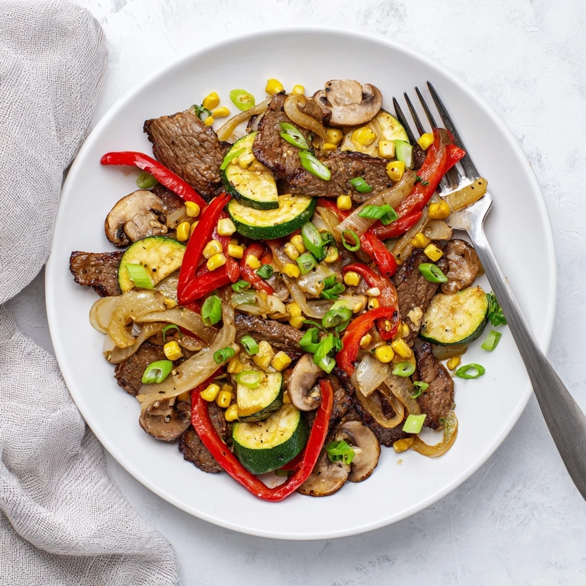 Rustic Blackstone Cowboy Stir Fry packed with tender steak, colorful bell peppers, onions, and golden corn kernels