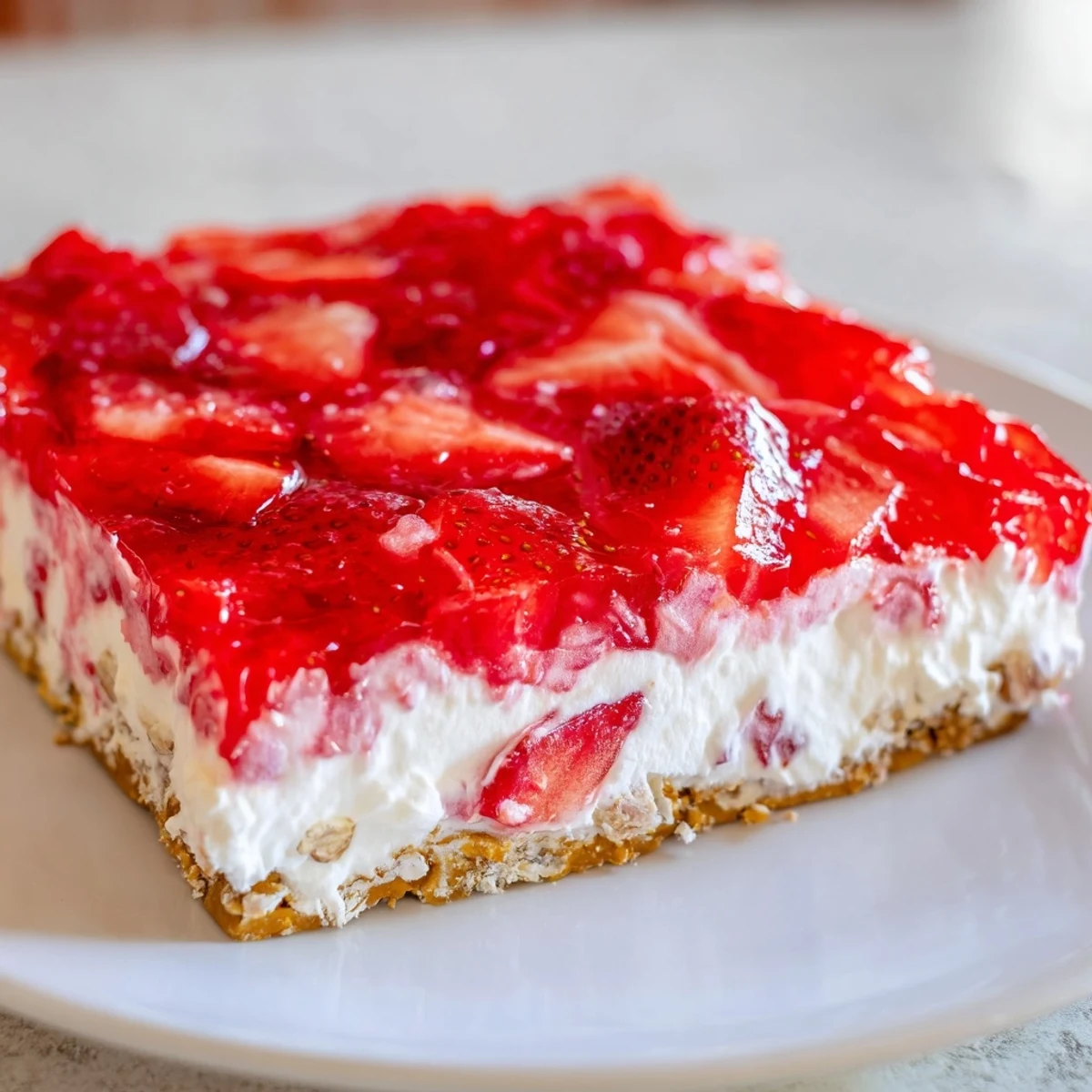 Sliced fresh strawberries float atop bright red strawberry gelatin in this layered strawberry crackle salad dessert