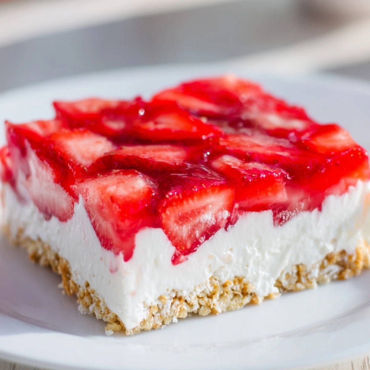 Golden baked pretzel crust forms the base of this classic strawberry crackle salad with creamy white center