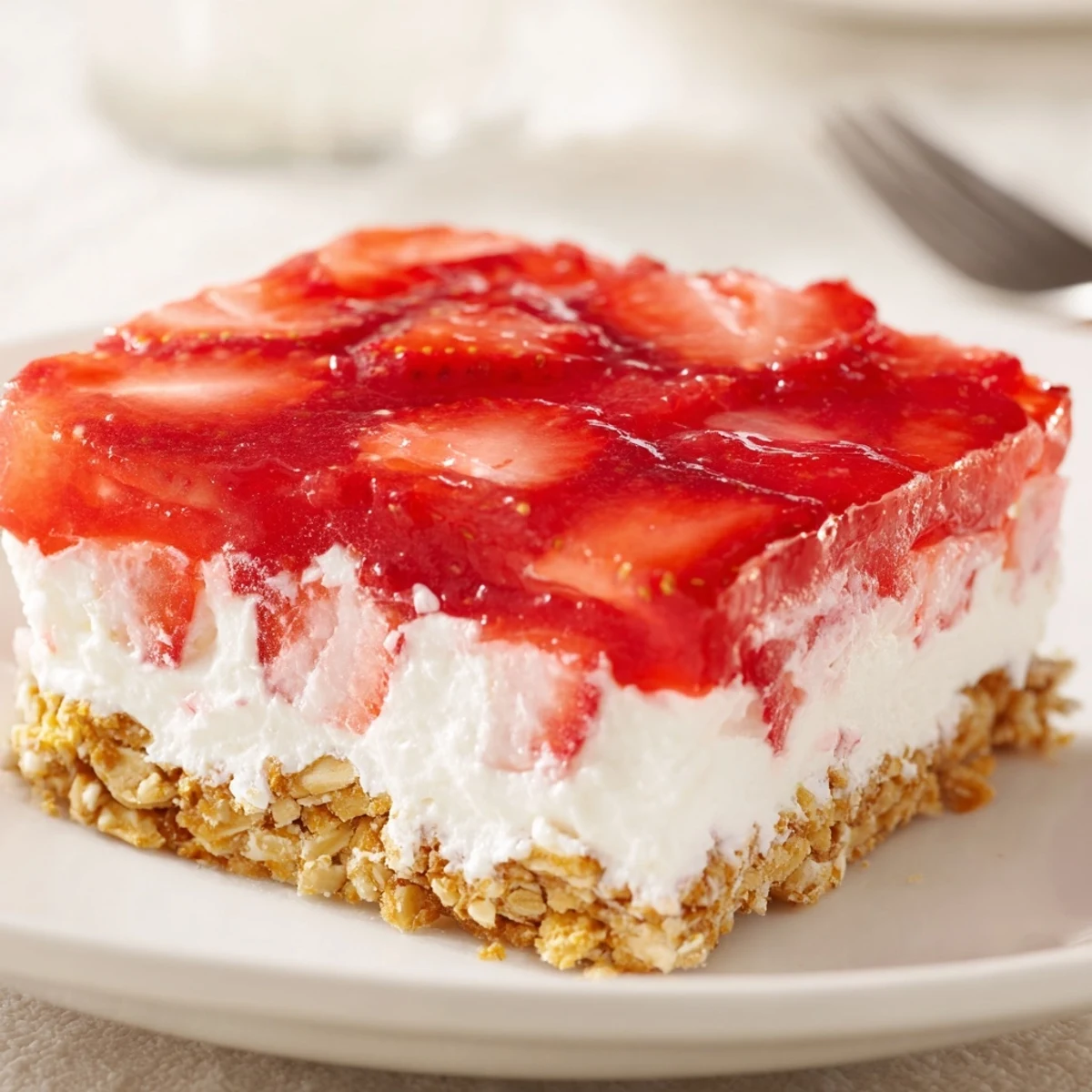 Chilled square serving shows the distinct layers of strawberries cream and pretzel crust in strawberry crackle salad