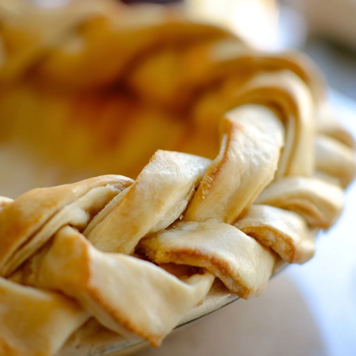 Golden brown fishtail braid pie crust with woven pastry strips decorating the edge of a homemade fruit pie