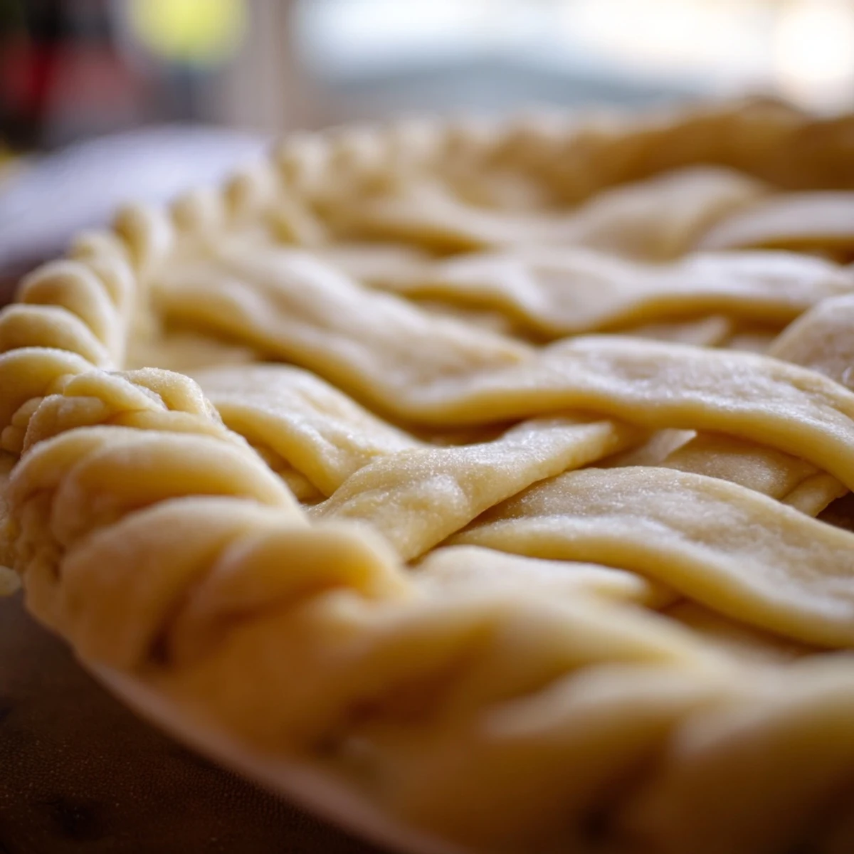 Hand-crafted pie featuring an elegant braided crust edge showcasing the detailed fishtail weaving technique on a golden pastry base
