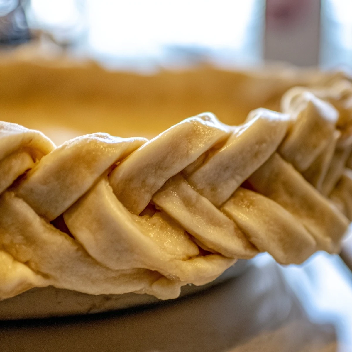 Close-up of intricate fishtail braid pie crust woven from buttery dough strips, brushed with egg wash for a glossy finish
