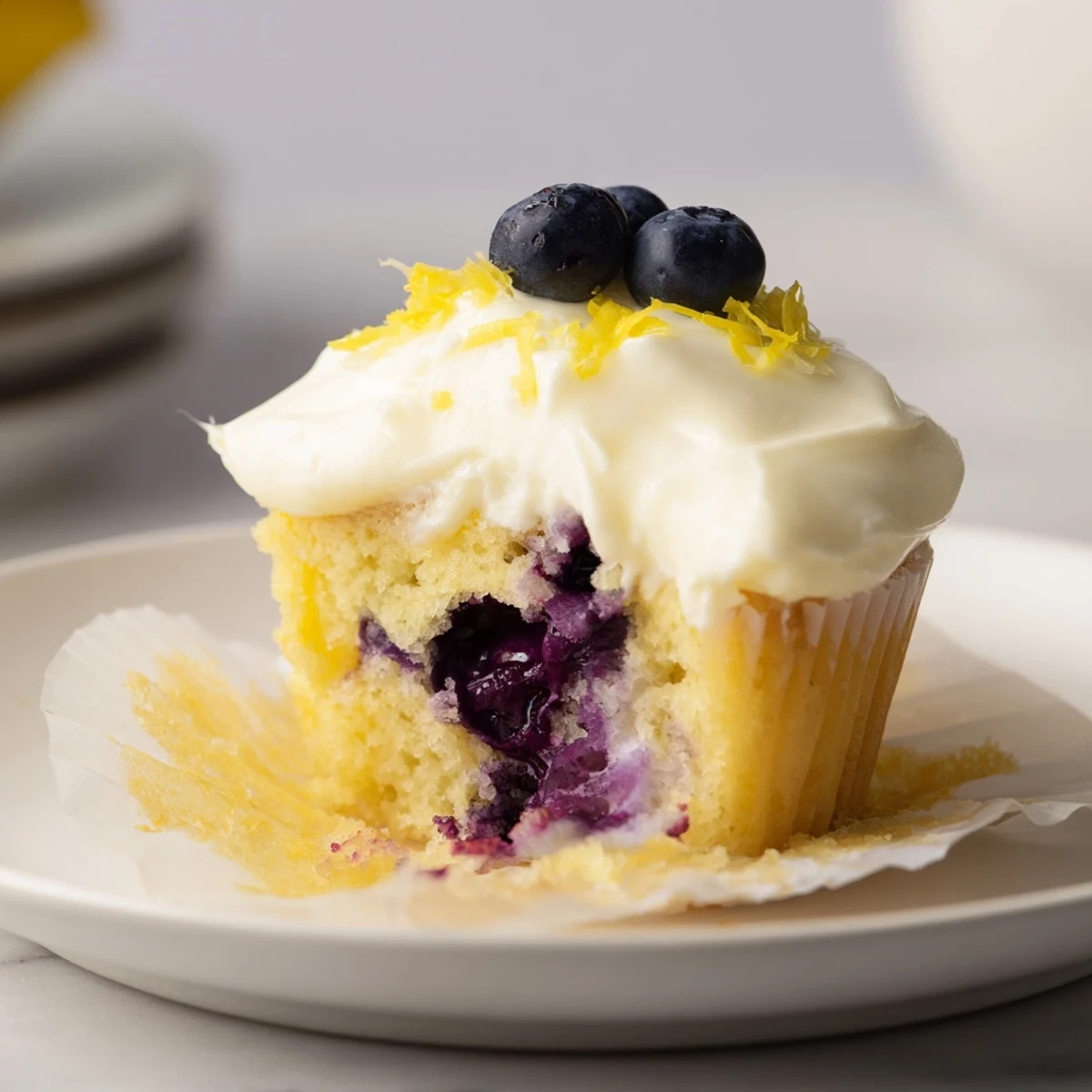 Fluffy lemon blueberry cupcakes topped with tangy cream cheese frosting and fresh blueberries