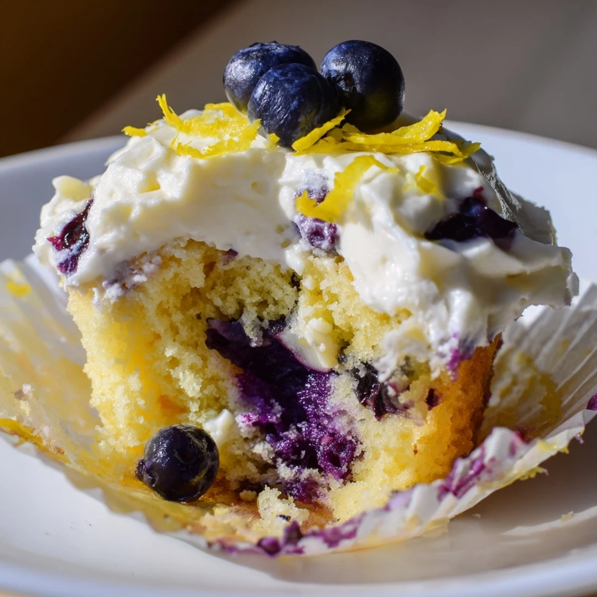Golden lemon blueberry cupcakes with sweet cream cheese frosting and lemon zest garnish