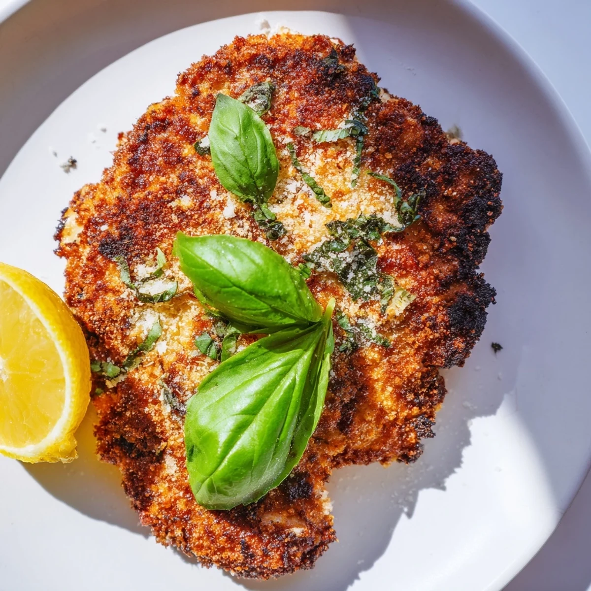 Golden Parmesan basil chicken cutlets served on a white plate with fresh basil garnish