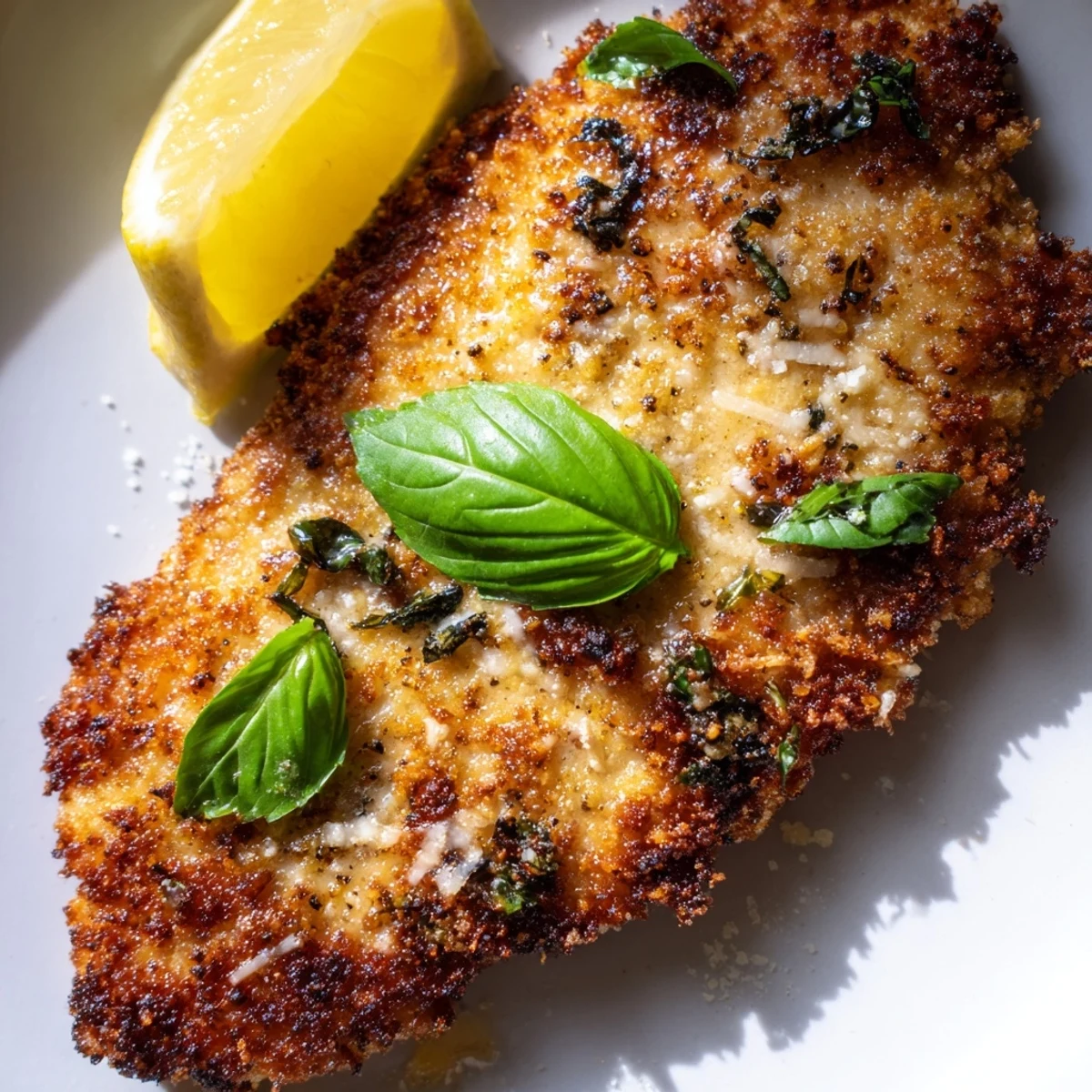 Italian-style chicken breast coated in crunchy breadcrumb crust with Parmesan and fresh basil accents
