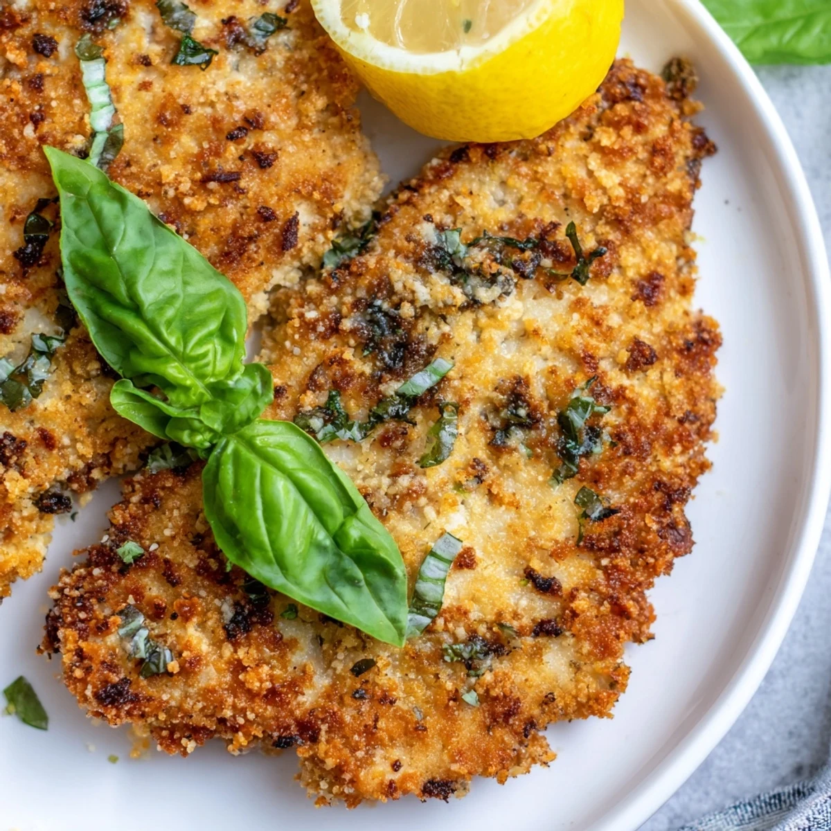Crispy pan-fried chicken cutlets topped with melted Parmesan and green basil for easy weeknight dinners