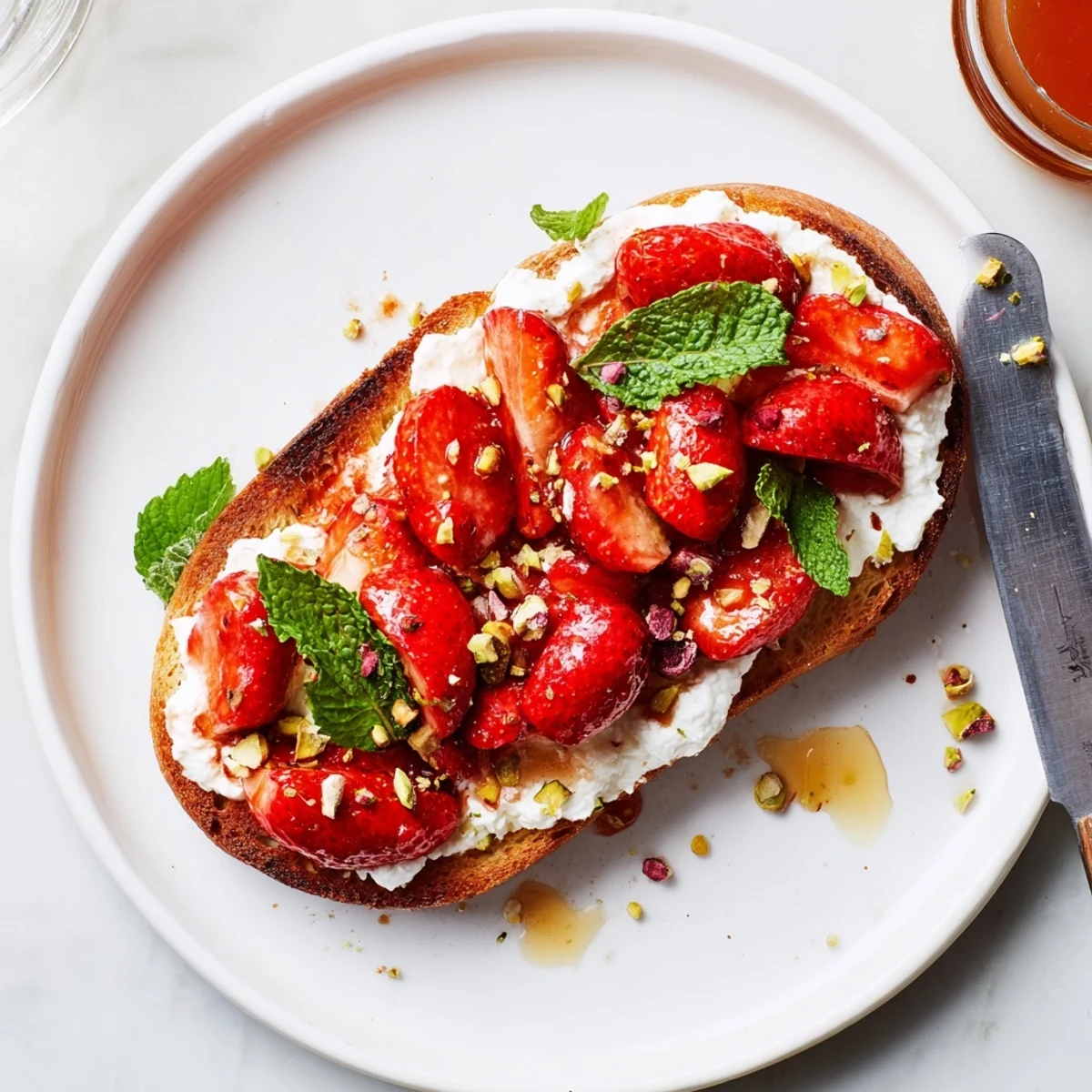 Golden sourdough toast piled high with whipped ricotta topped with sweet roasted strawberries and fresh mint garnish