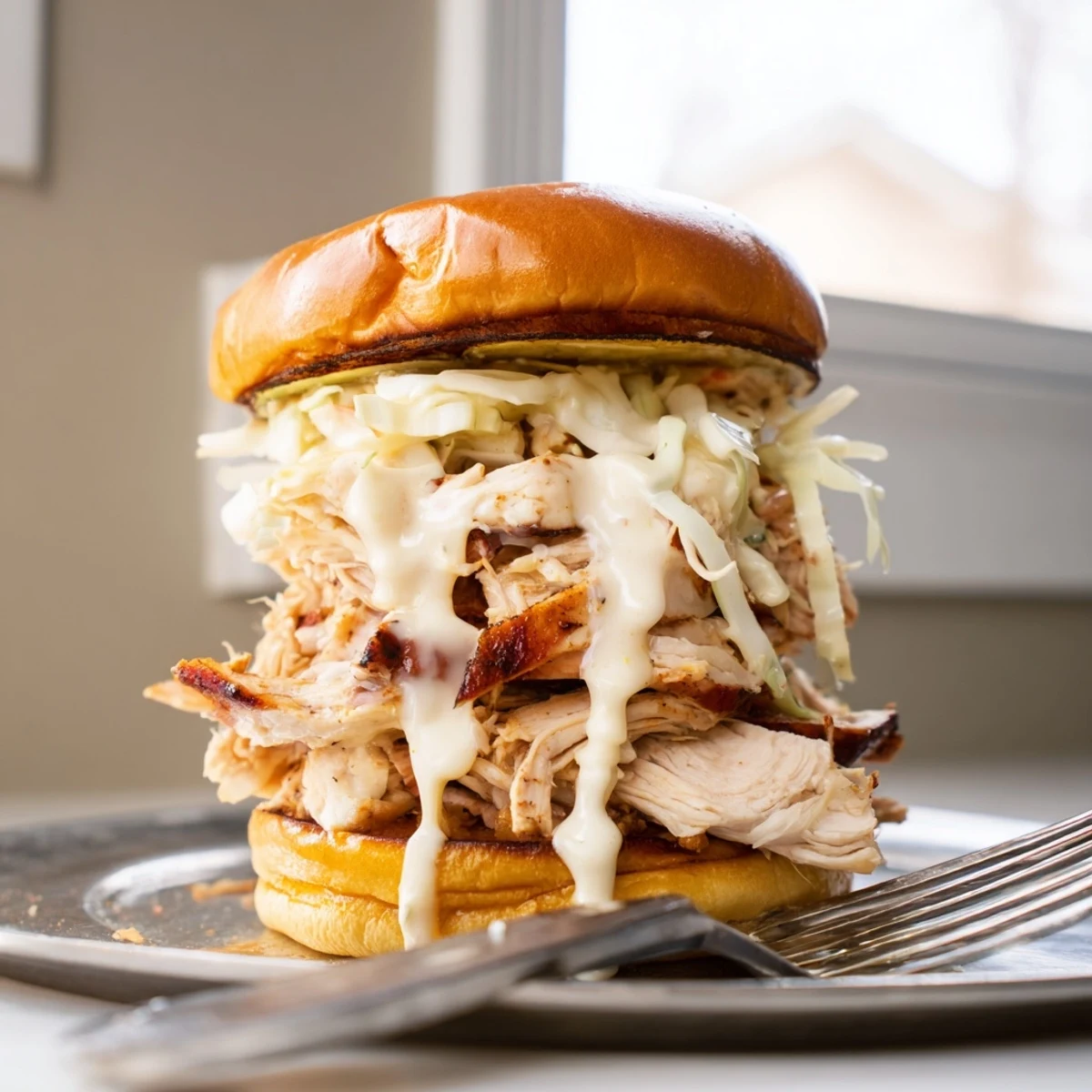Alabama BBQ Chicken Chopped Sandwich with tender smoked chicken drenched in tangy white sauce on toasted bun