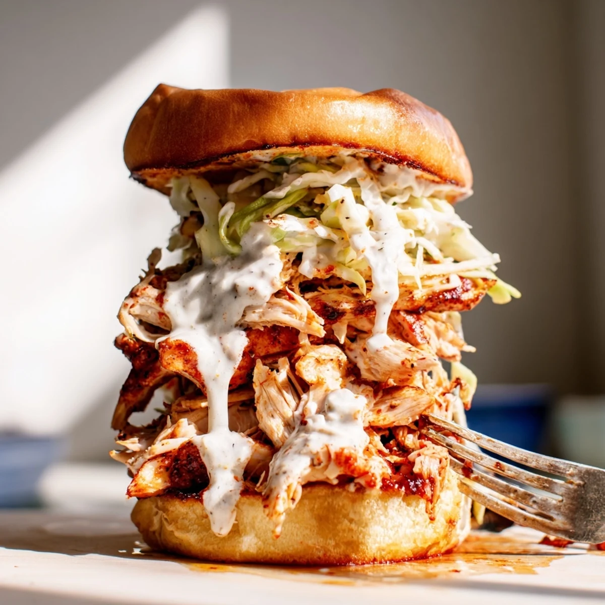 Golden toasted Alabama BBQ Chicken Chopped Sandwich loaded with juicy chicken and tangy white BBQ sauce