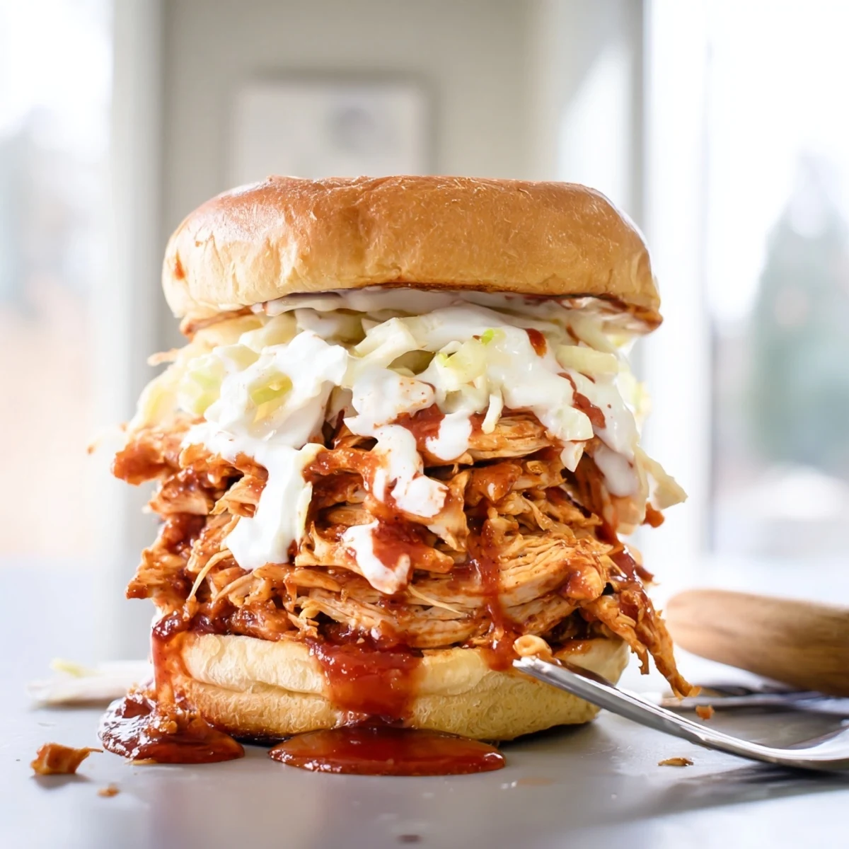 Heaping Alabama BBQ Chicken Chopped Sandwich piled high with crisp slaw and creamy white barbecue sauce