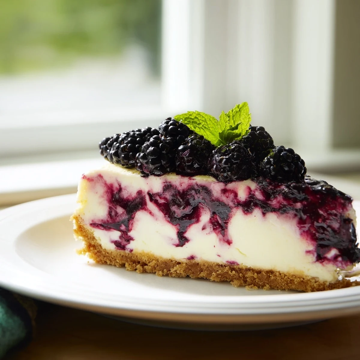 Creamy Blackberry Bliss Cheesecake with purple berry swirls on golden graham cracker crust