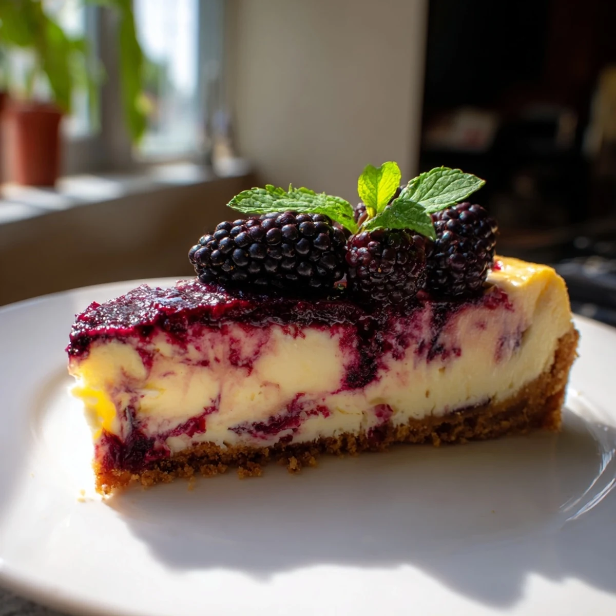 Slice of Blackberry Bliss Cheesecake topped with fresh berries and mint on white plate