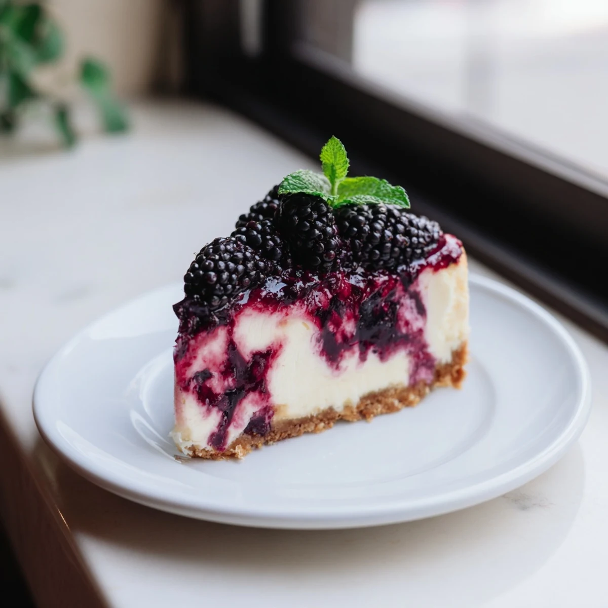 Velvety Blackberry Bliss Cheesecake showing marbled blackberry compote and whipped cream garnish