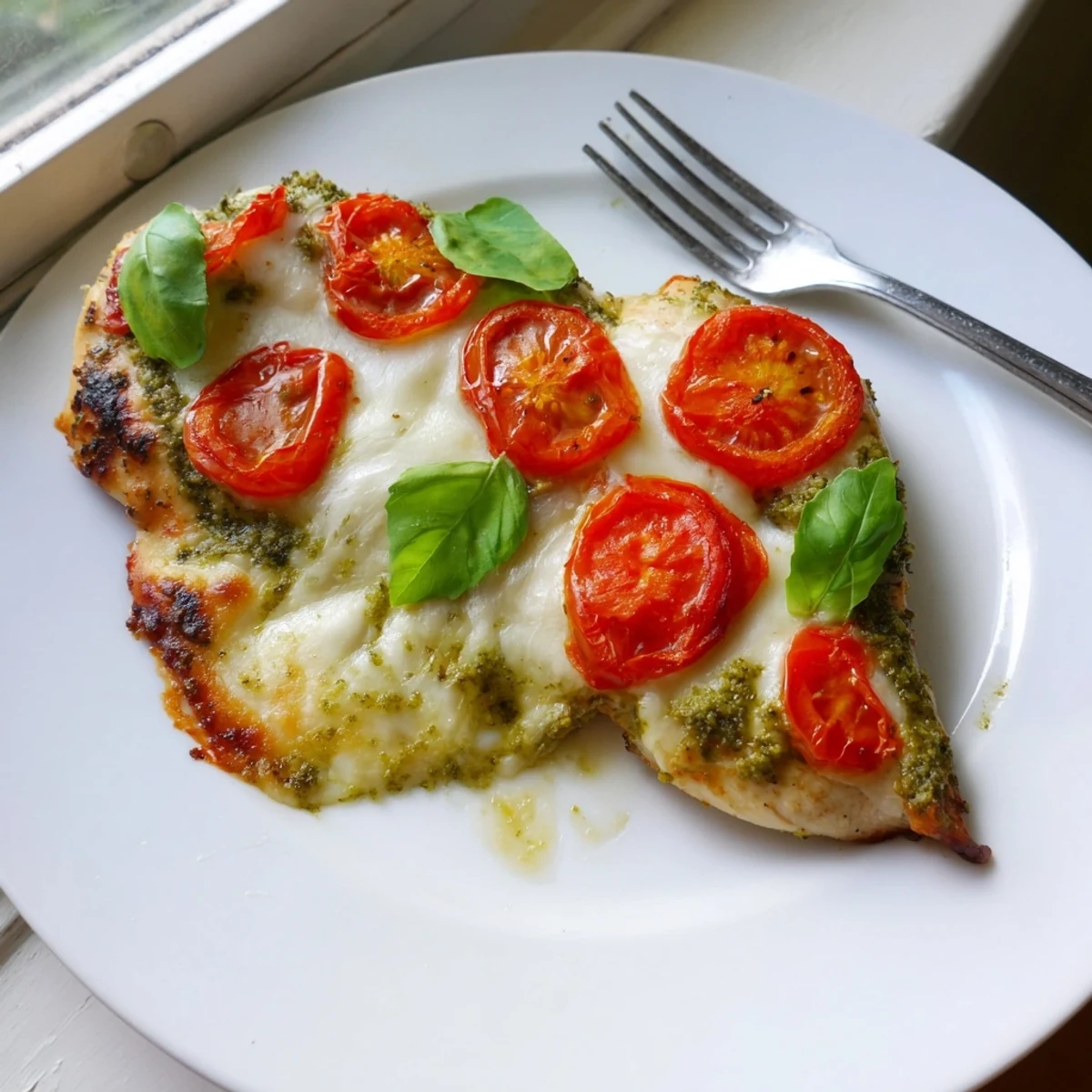 Golden melted mozzarella covers juicy Baked Pesto Caprese Chicken topped with fresh tomato slices