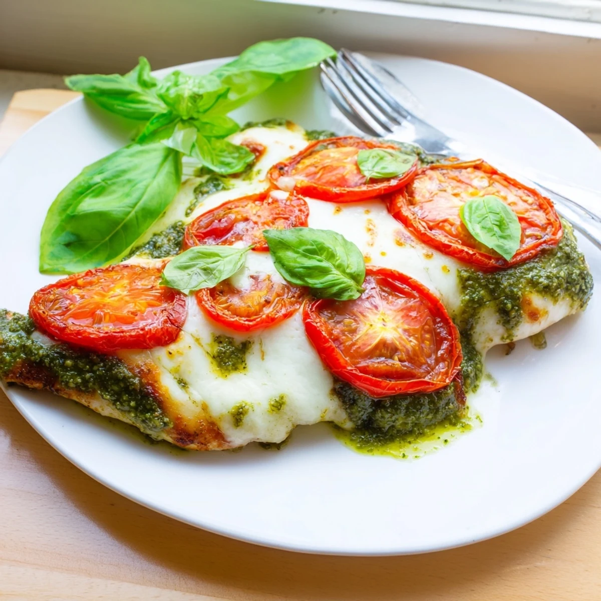 Baking dish displays four chicken breasts layered with vibrant pesto sauce and bubbling cheese