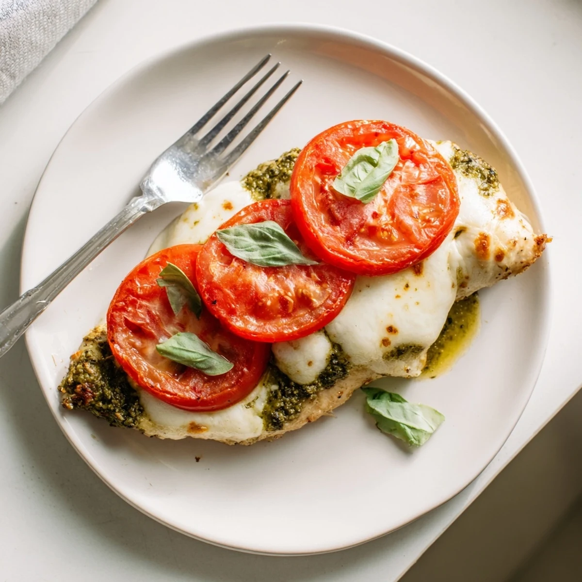 Succulent oven-baked chicken breasts garnished with fresh basil over melted mozzarella and ripe tomatoes