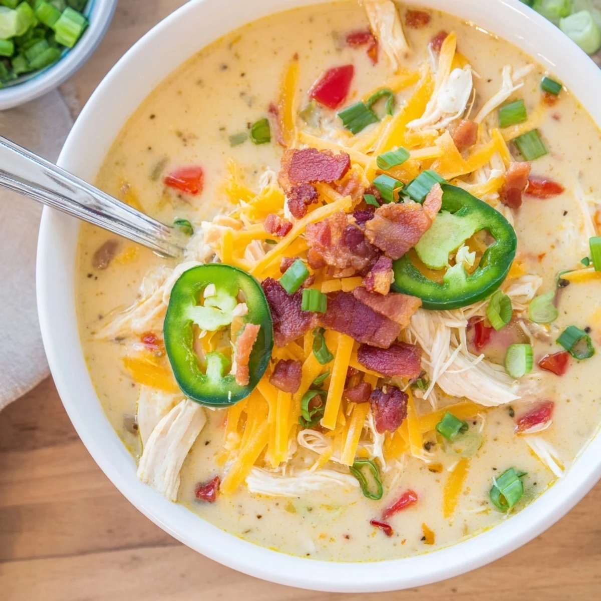 Rich and comforting spicy jalapeno popper chicken soup recipe garnished with sliced green onions and extra jalapeno peppers